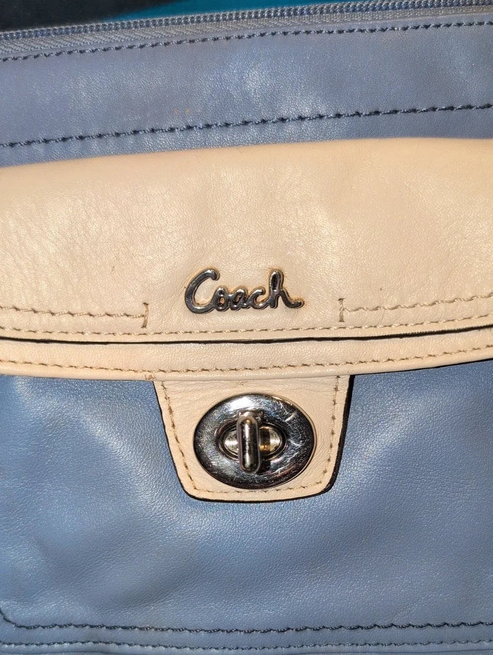 Coach Penelope Light Blue Leather Turn lock Crossbody with Cream Flap
